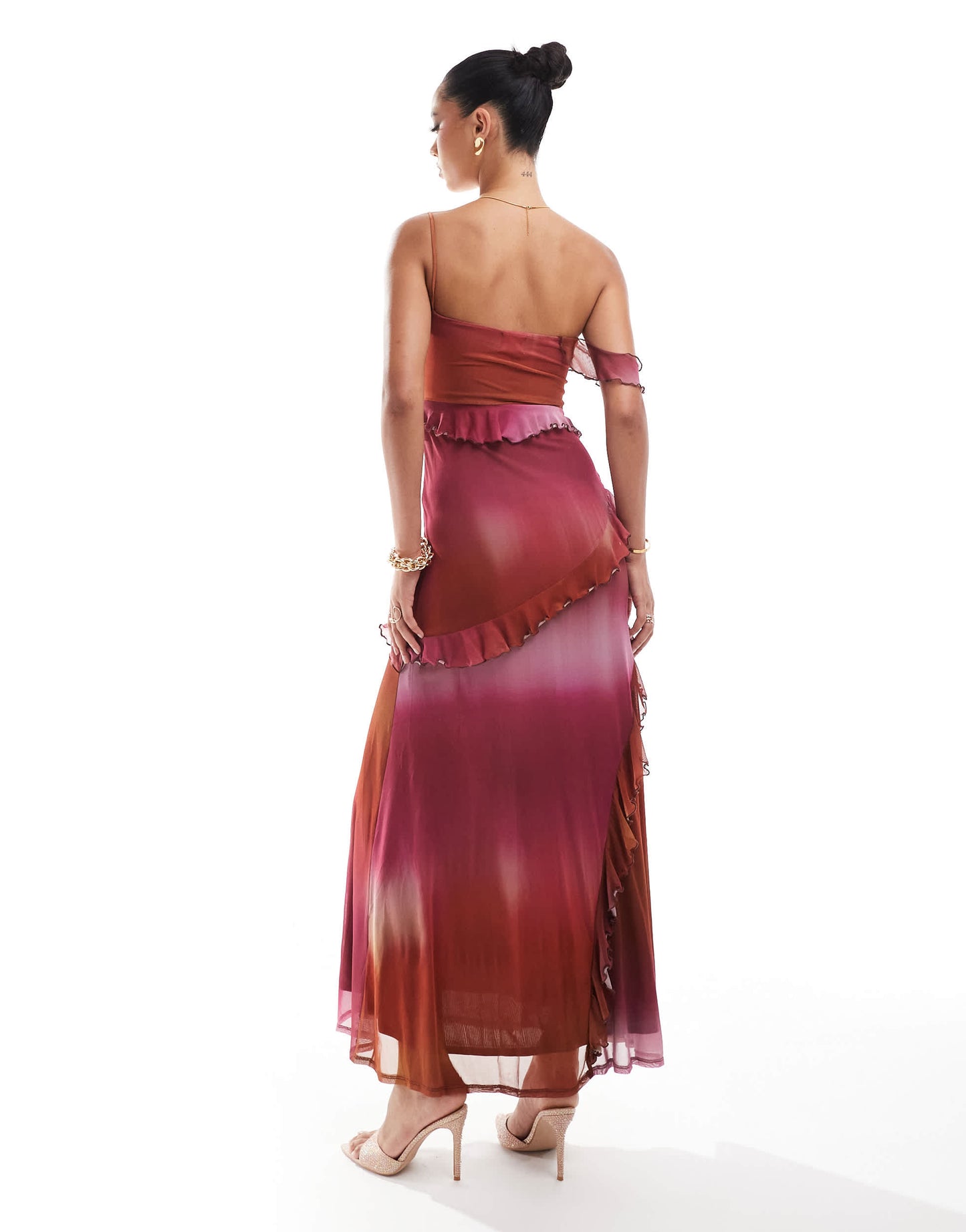 ASOS DESIGN mesh off shoulder ruffle detail maxi dress in pink ombre print