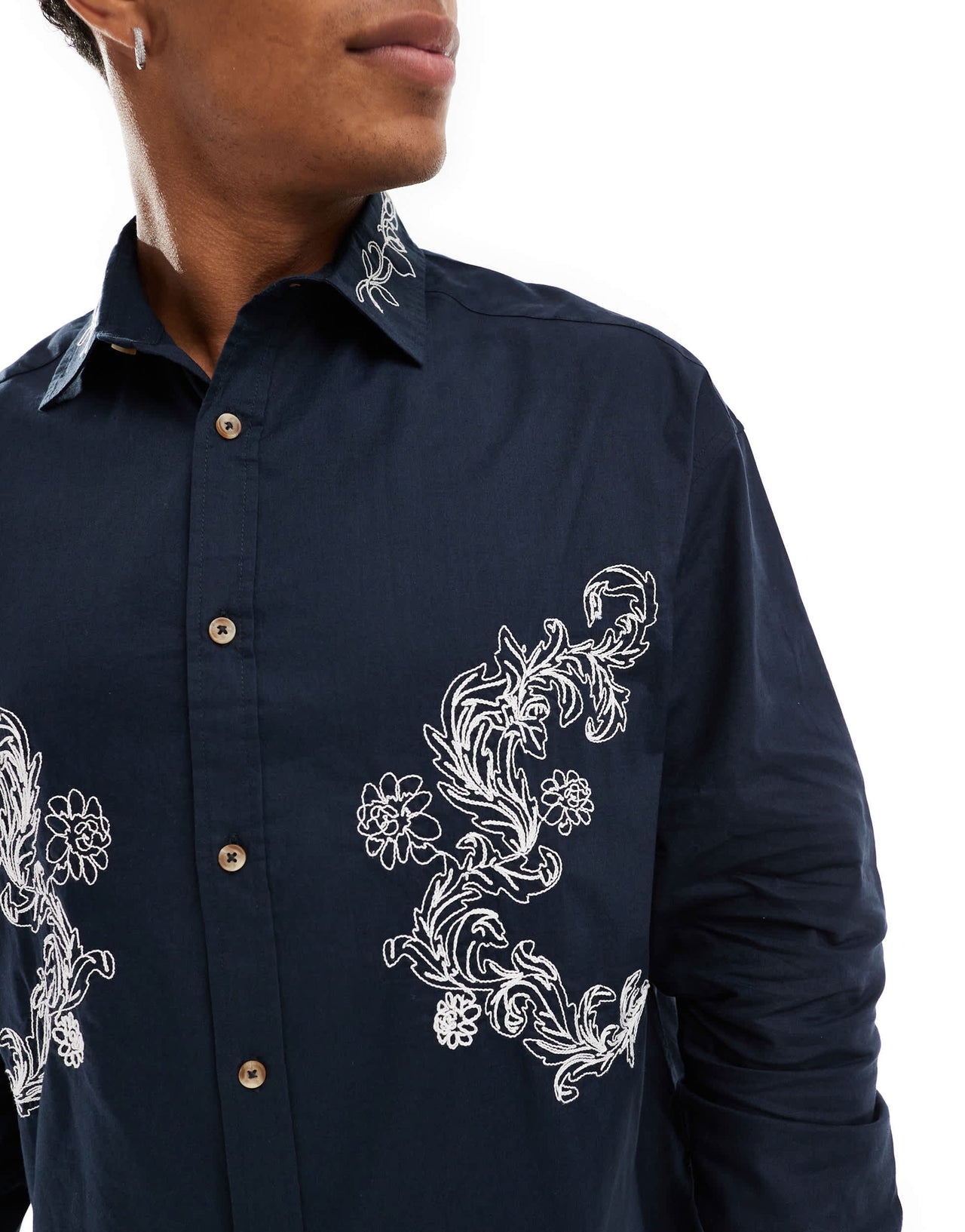 ASOS DESIGN 90s oversized shirt with floral embroidery in navy