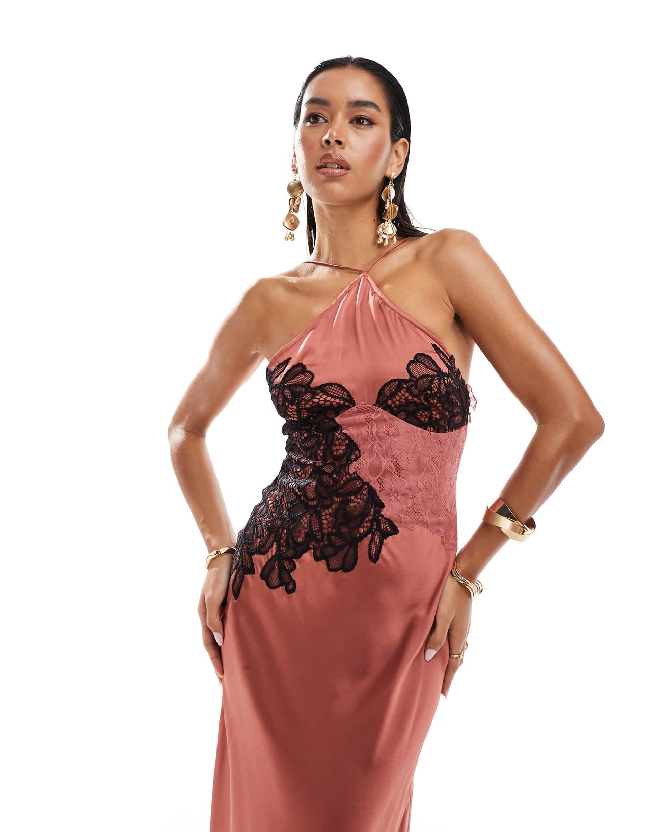 ASOS DESIGN lace mix halter neck midi dress in rose
