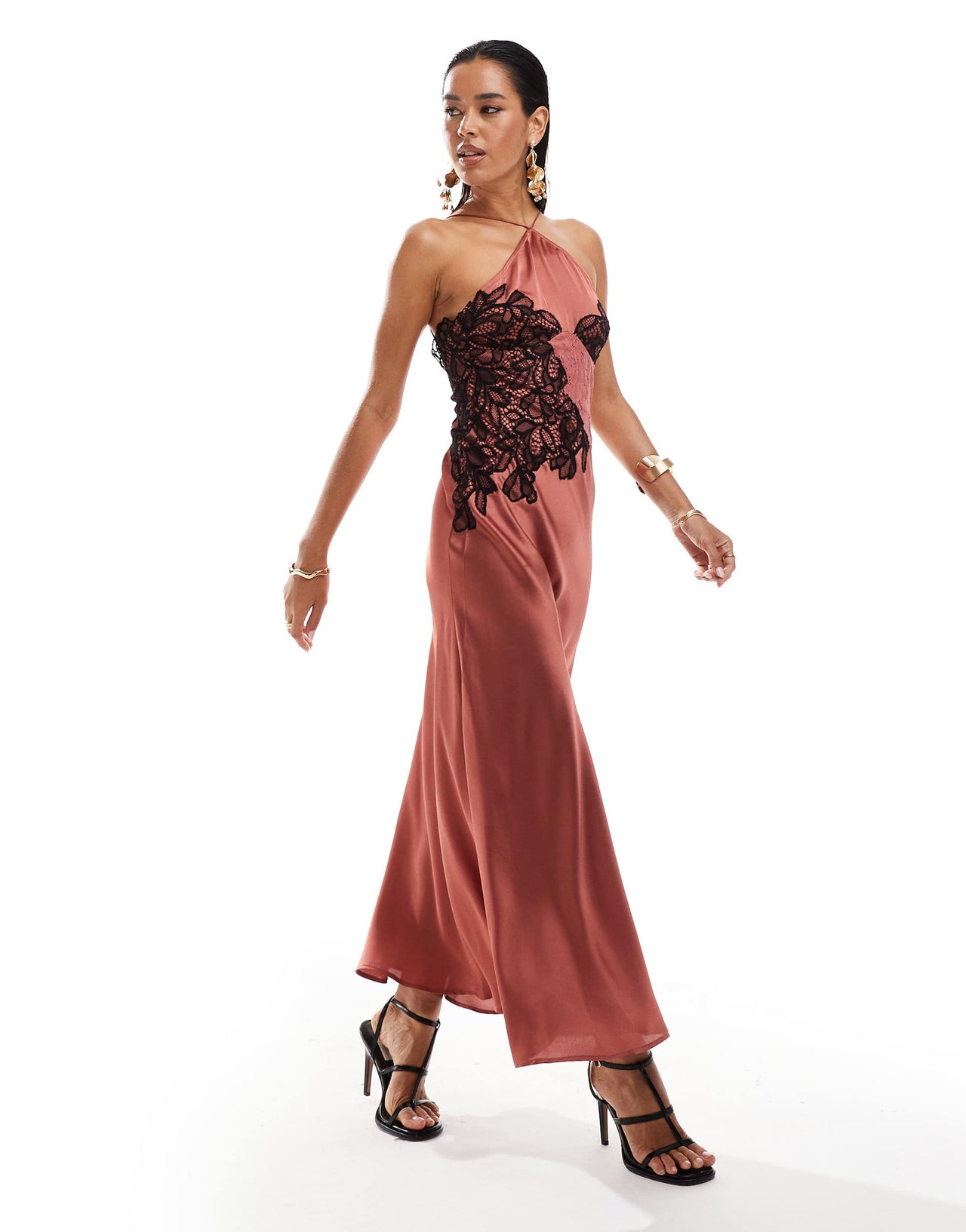 ASOS DESIGN lace mix halter neck midi dress in rose