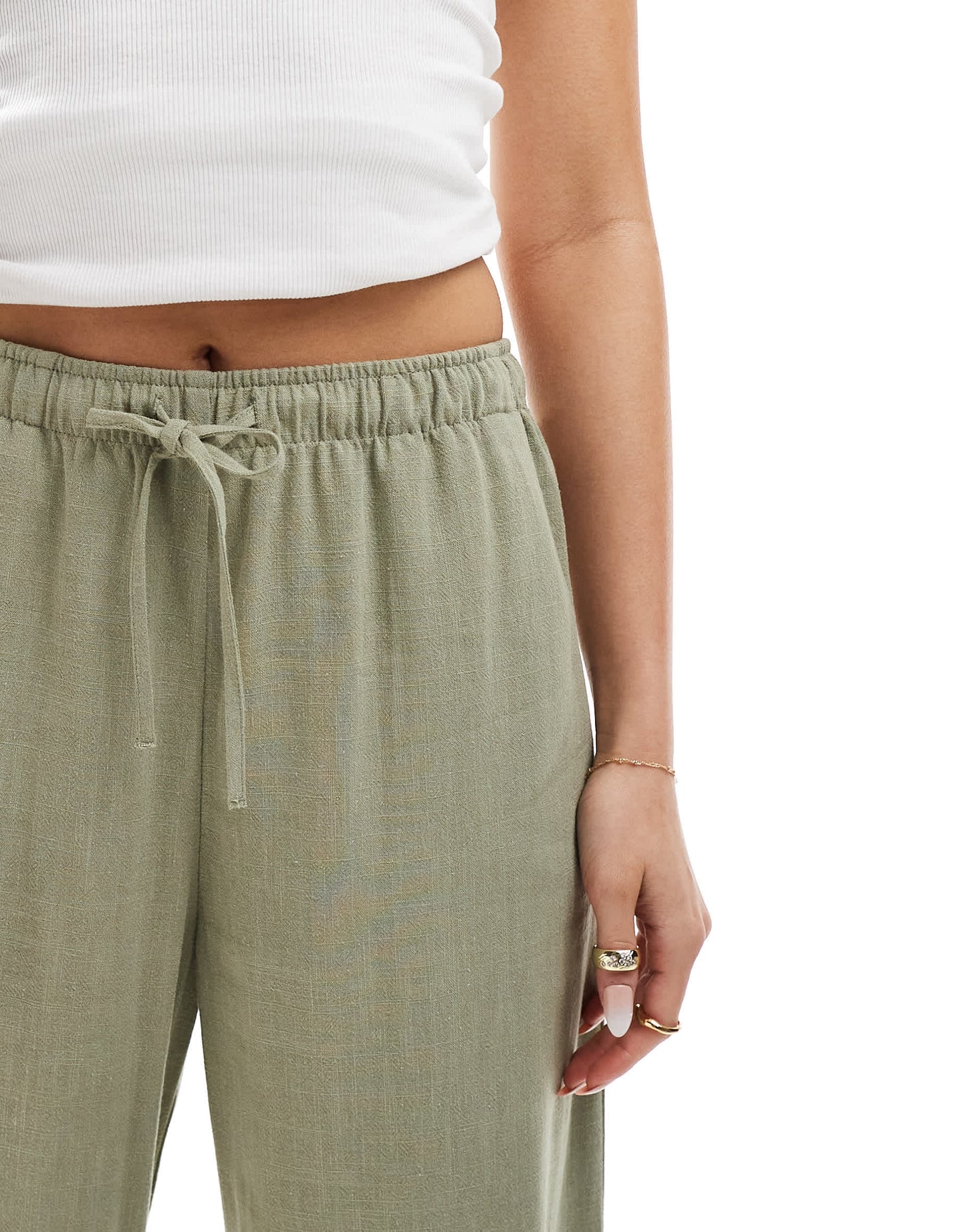 Stradivarius linen look pull on trouser in khaki