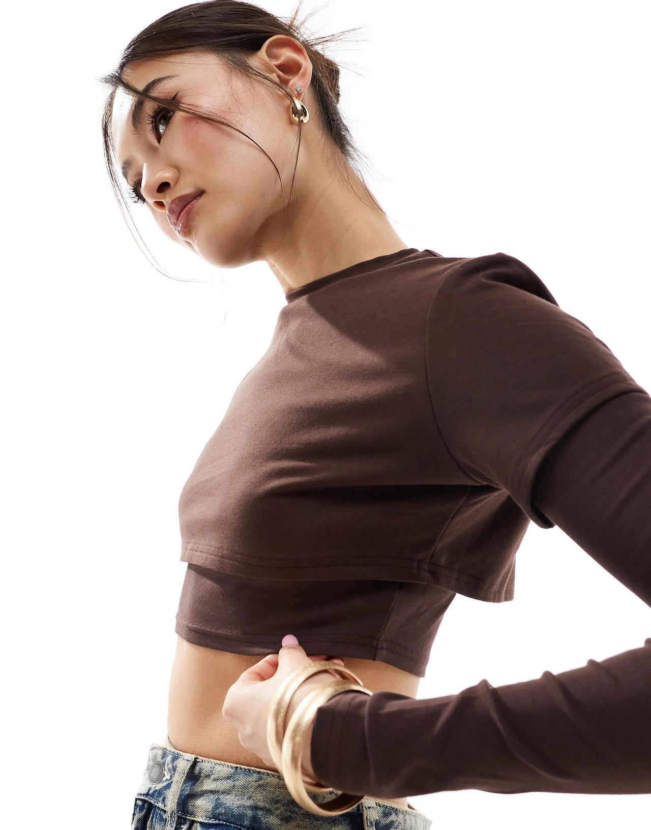 Edikted Vick Layered Cropped T-Shirt in chocolate brown