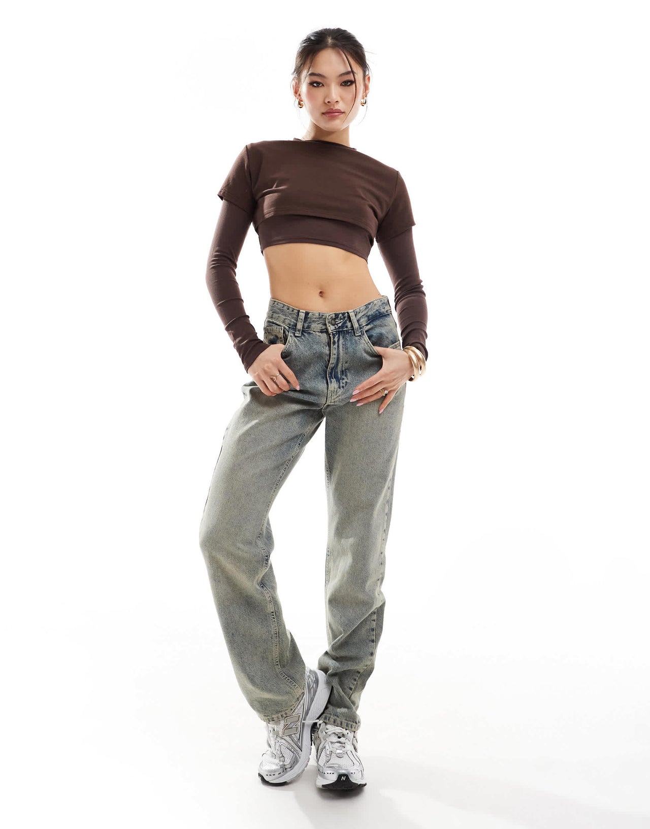 Edikted Vick Layered Cropped T-Shirt in chocolate brown