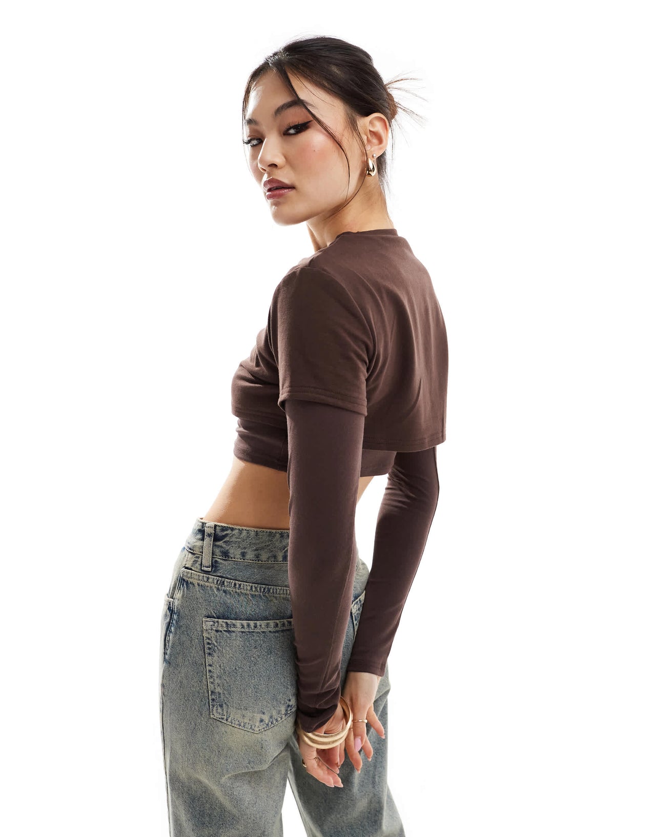Edikted Vick Layered Cropped T-Shirt in chocolate brown