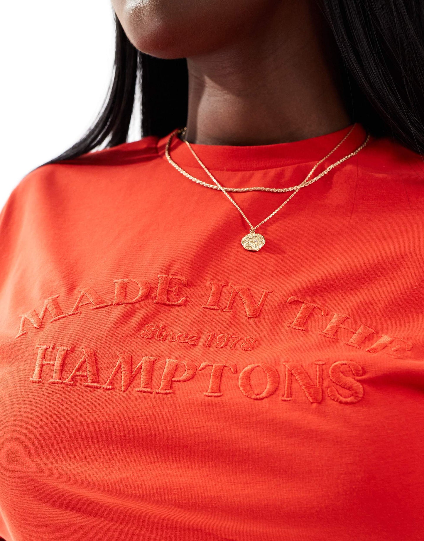 ASOS DESIGN Curve corset waist t-shirt with embroidered hamptons graphic in red