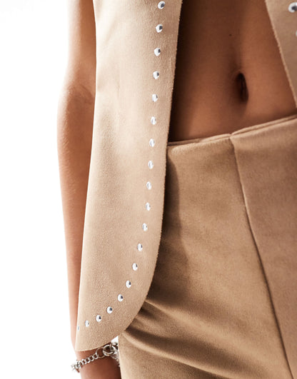 ASOS DESIGN faux suede waistcoat co-ord with studding in camel