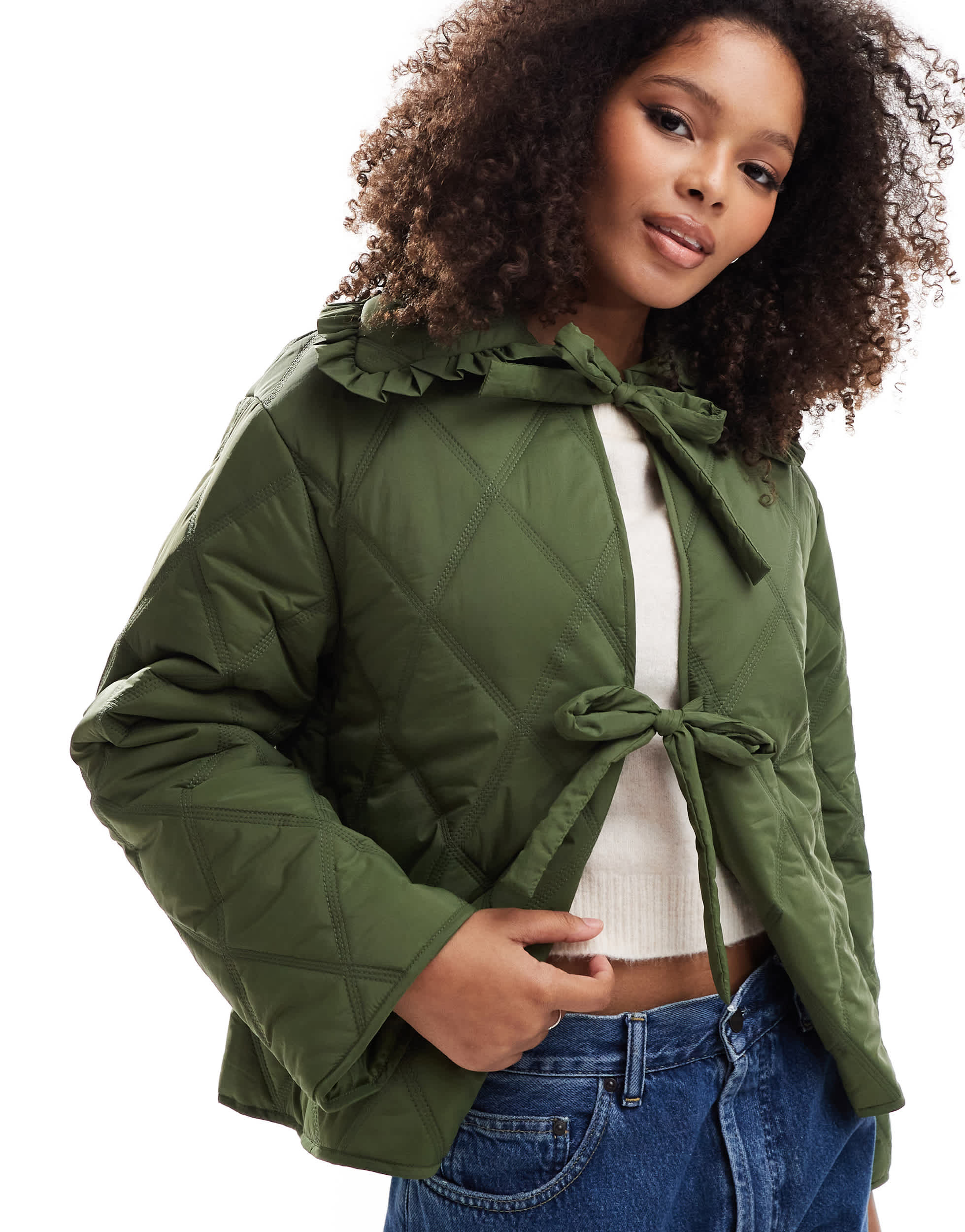 ASOS DESIGN quilted frill collar jacket with tie front in khaki