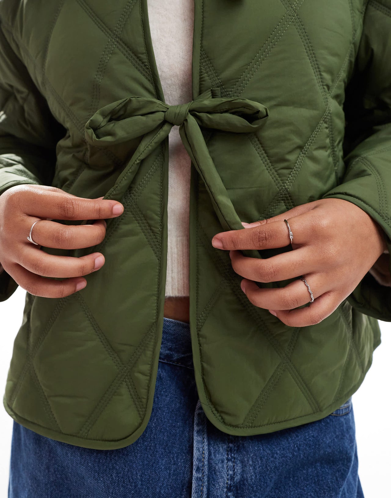 ASOS DESIGN quilted frill collar jacket with tie front in khaki