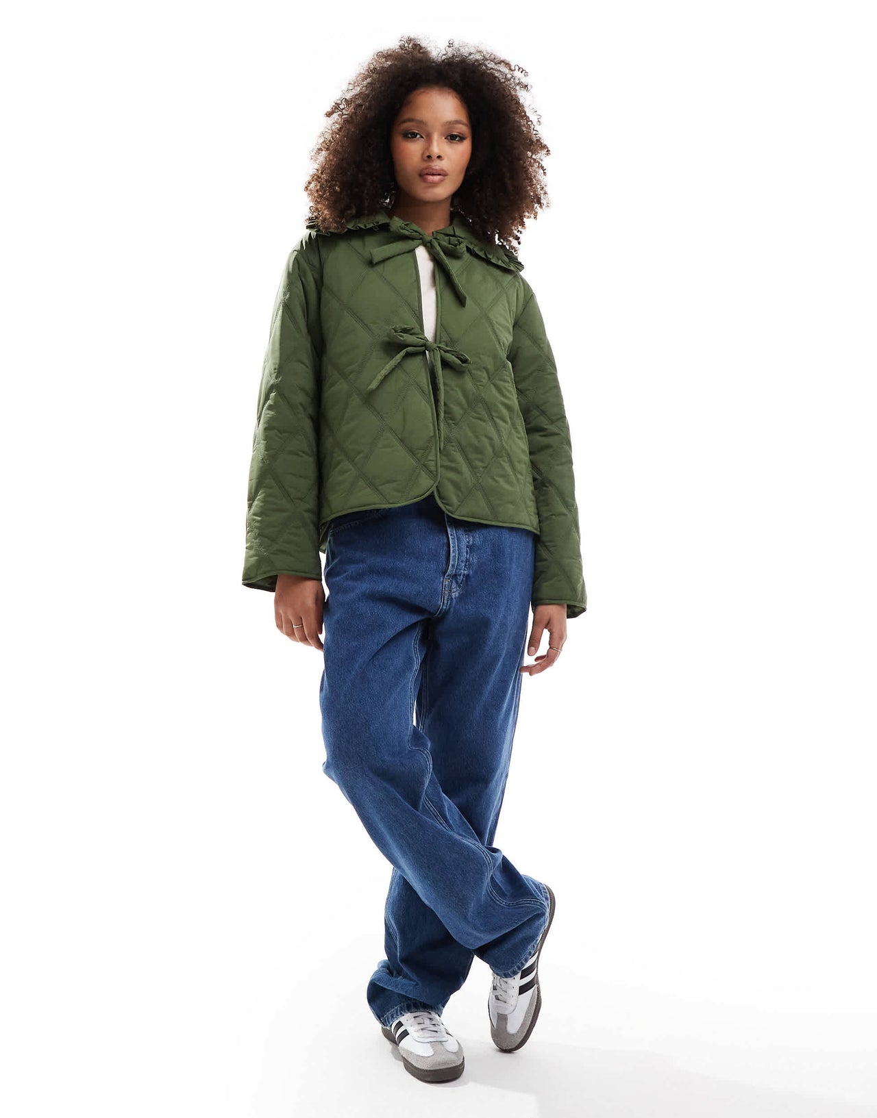 ASOS DESIGN quilted frill collar jacket with tie front in khaki