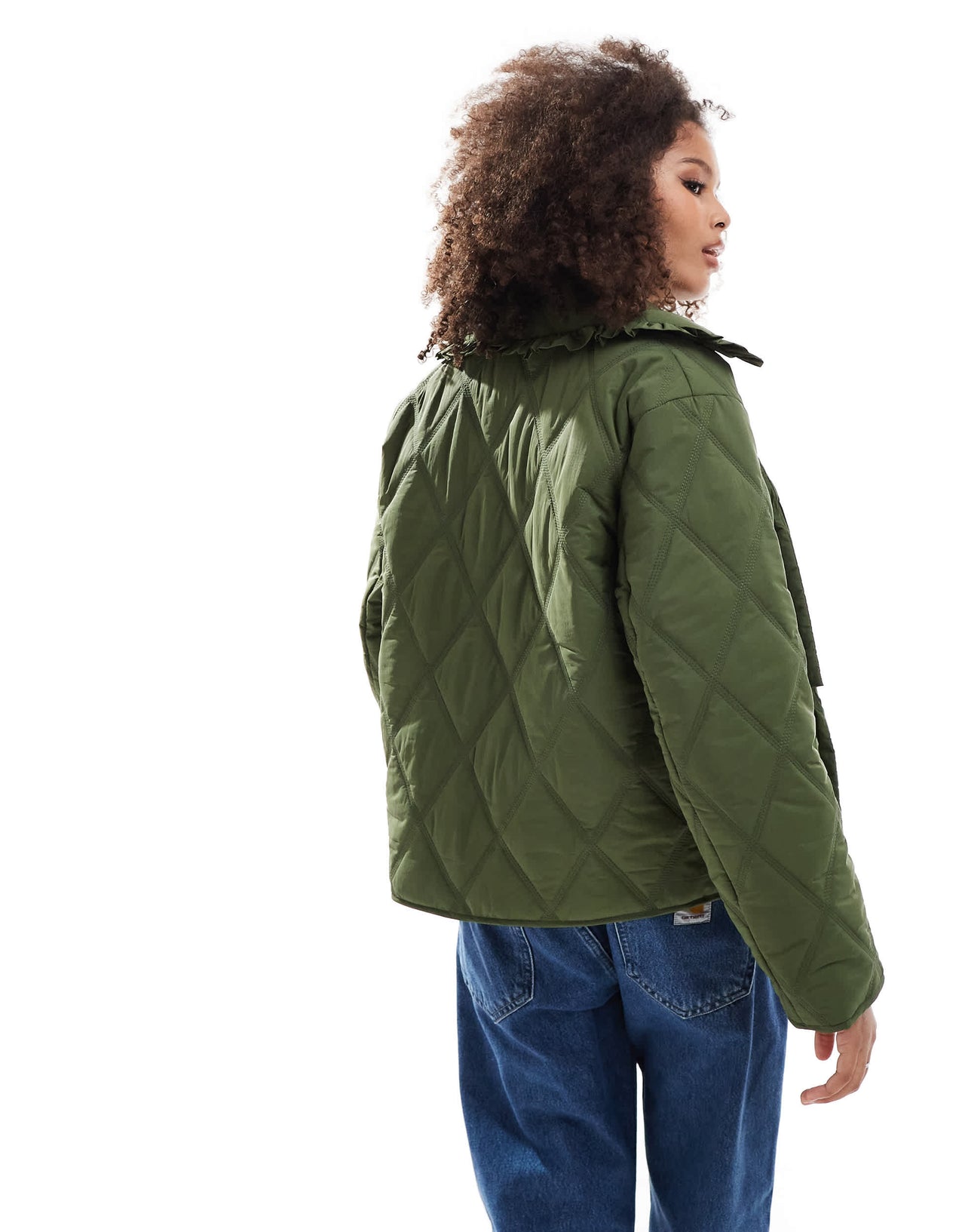 ASOS DESIGN quilted frill collar jacket with tie front in khaki