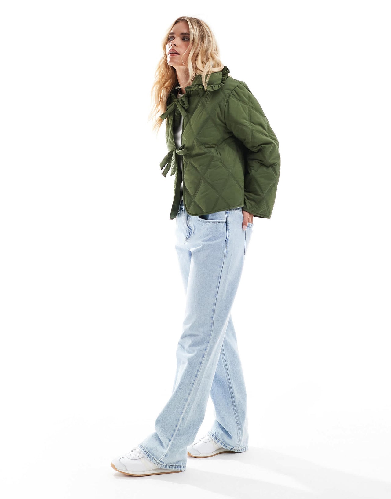 ASOS DESIGN Petite quilted frill collar jacket with tie front in khaki