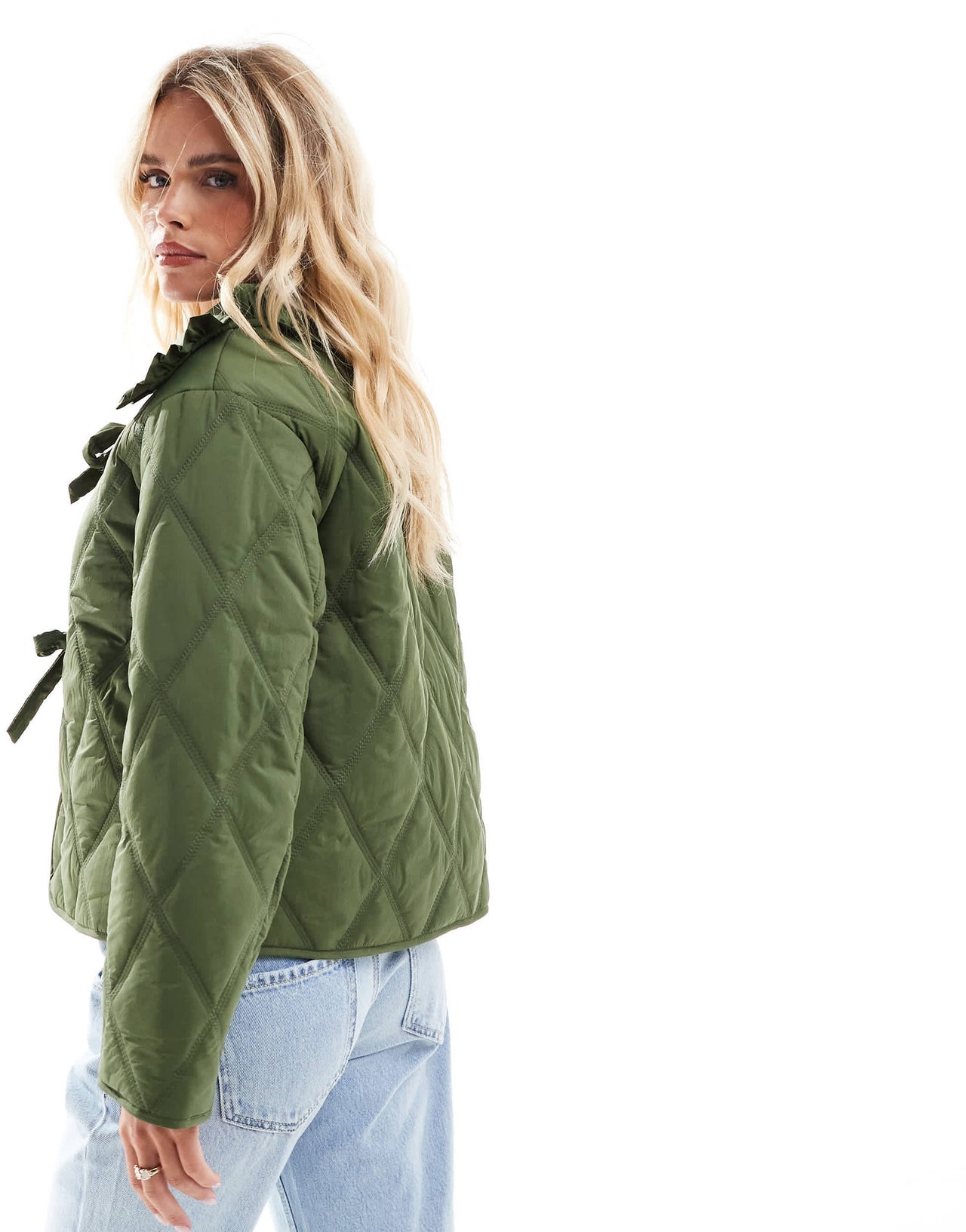 ASOS DESIGN Petite quilted frill collar jacket with tie front in khaki