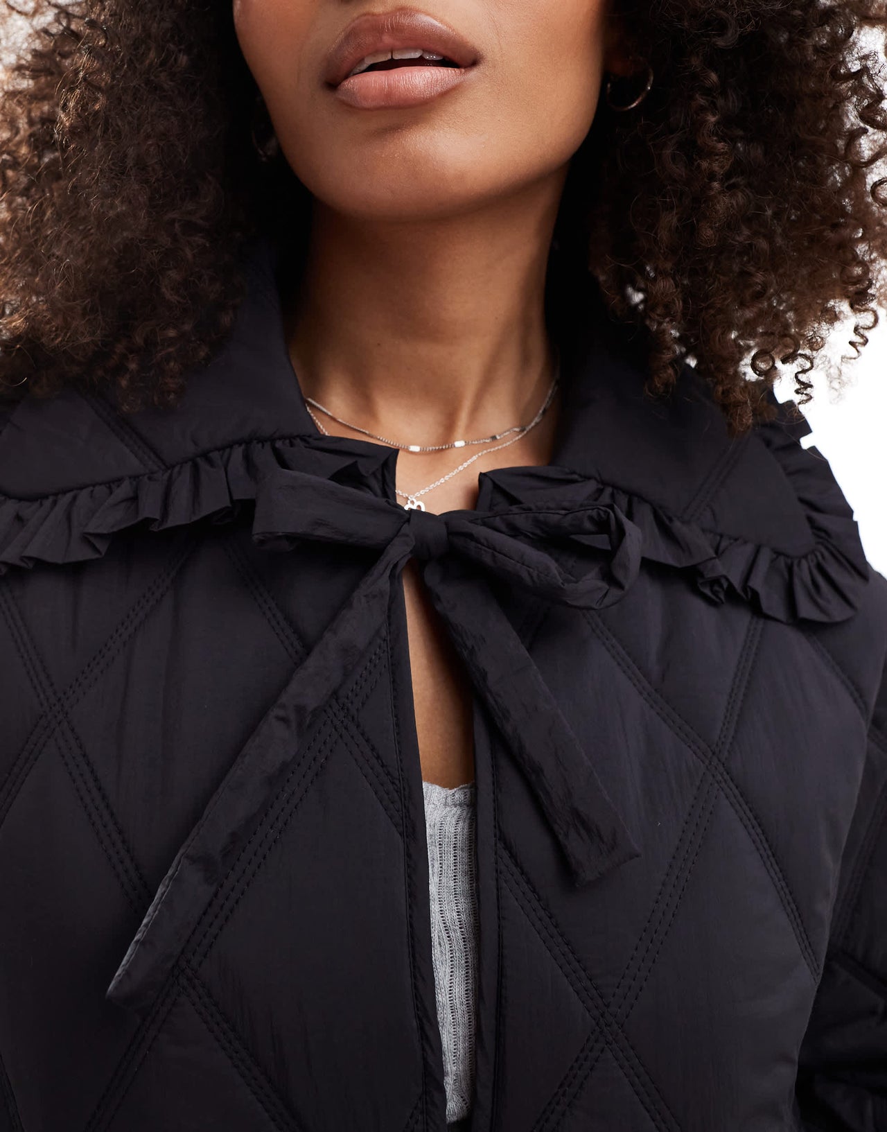 ASOS DESIGN quilted frill collar jacket with tie front in black