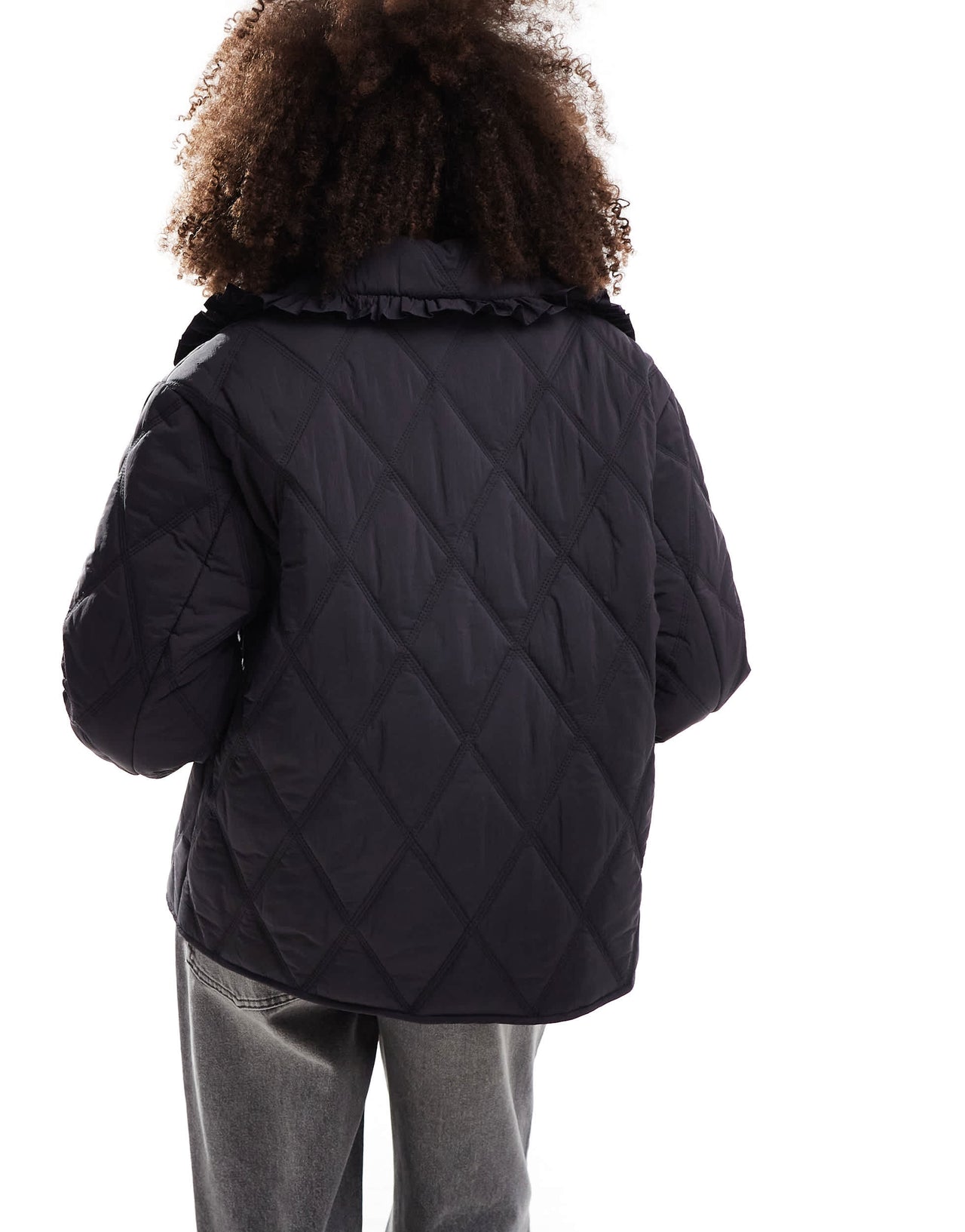 ASOS DESIGN quilted frill collar jacket with tie front in black