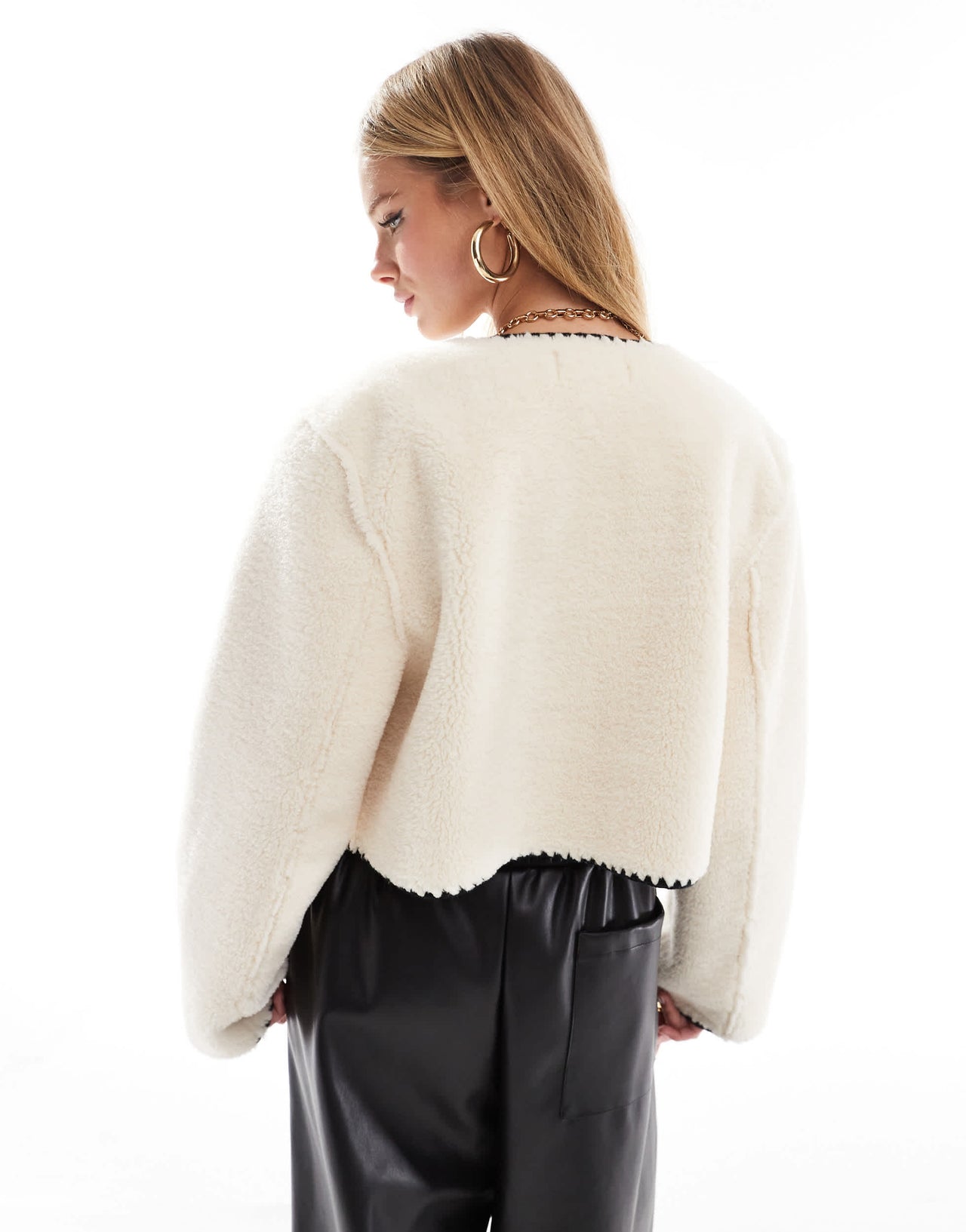 ASOS DESIGN bonded borg collarless jacket with contrast stitch in cream