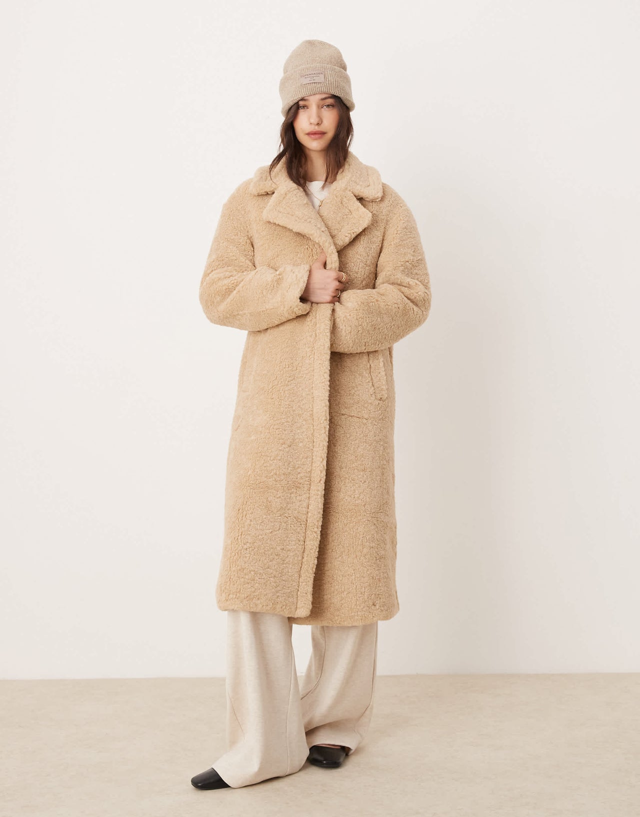 Glamorous beige faux fur long coat
