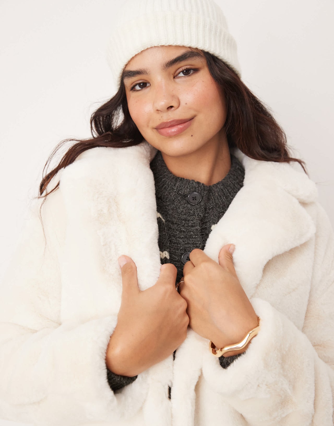 Glamorous cosy faux fur cream dressing gown coat