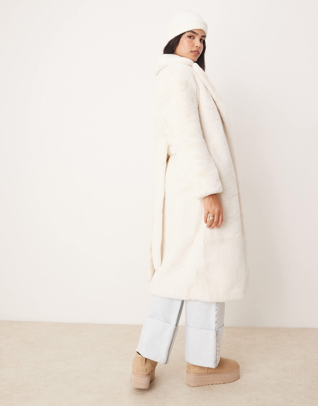 Glamorous cosy faux fur cream dressing gown coat