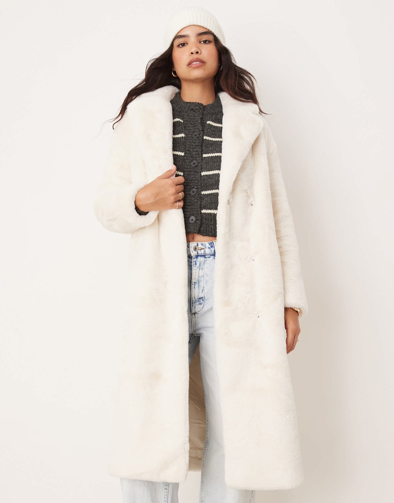 Glamorous cosy faux fur cream dressing gown coat
