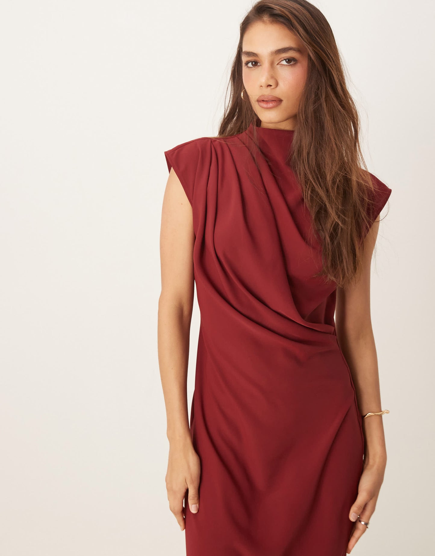ASOS DESIGN high neck sleeveless midi dress with draped neck in burgundy