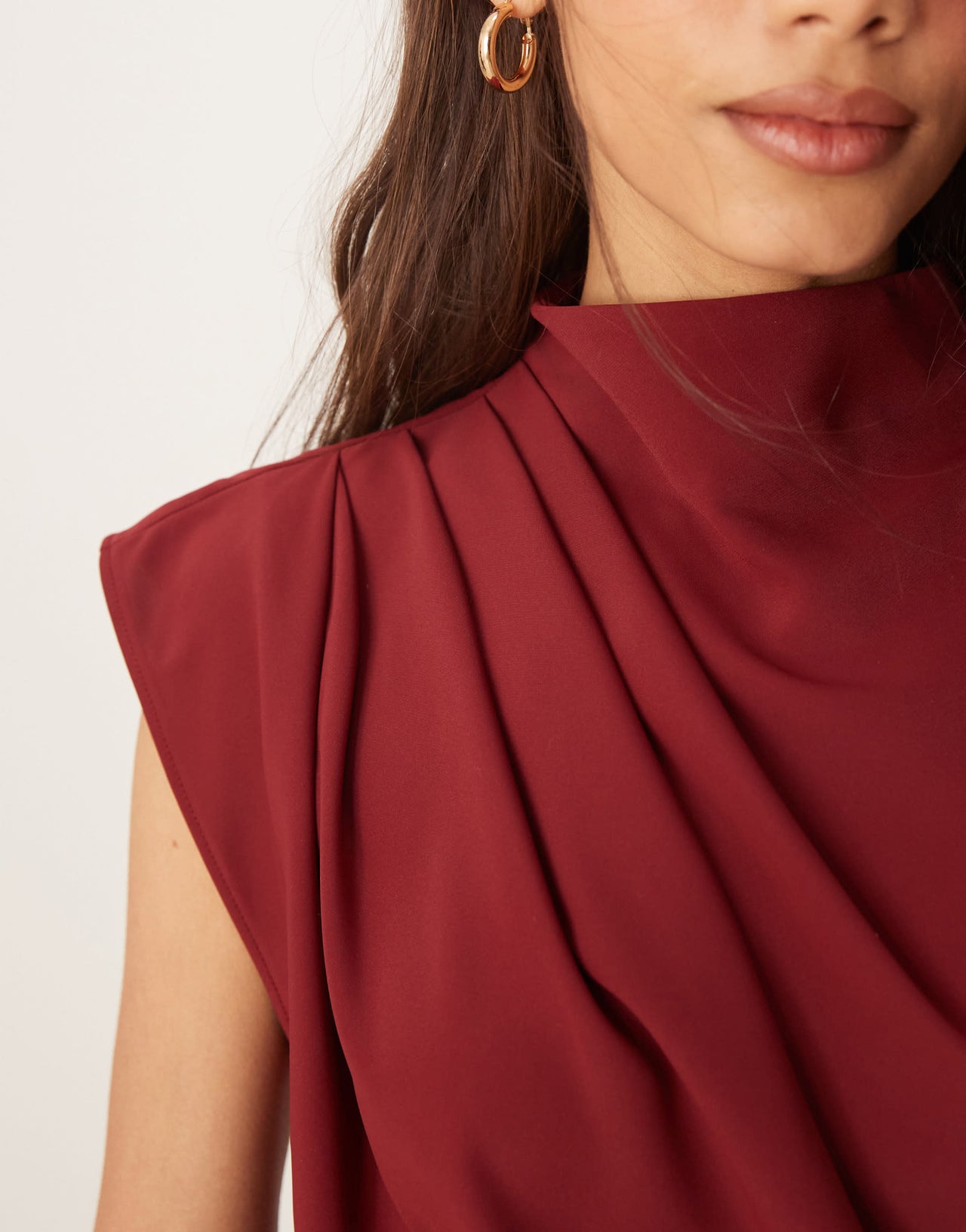 ASOS DESIGN high neck sleeveless midi dress with draped neck in burgundy