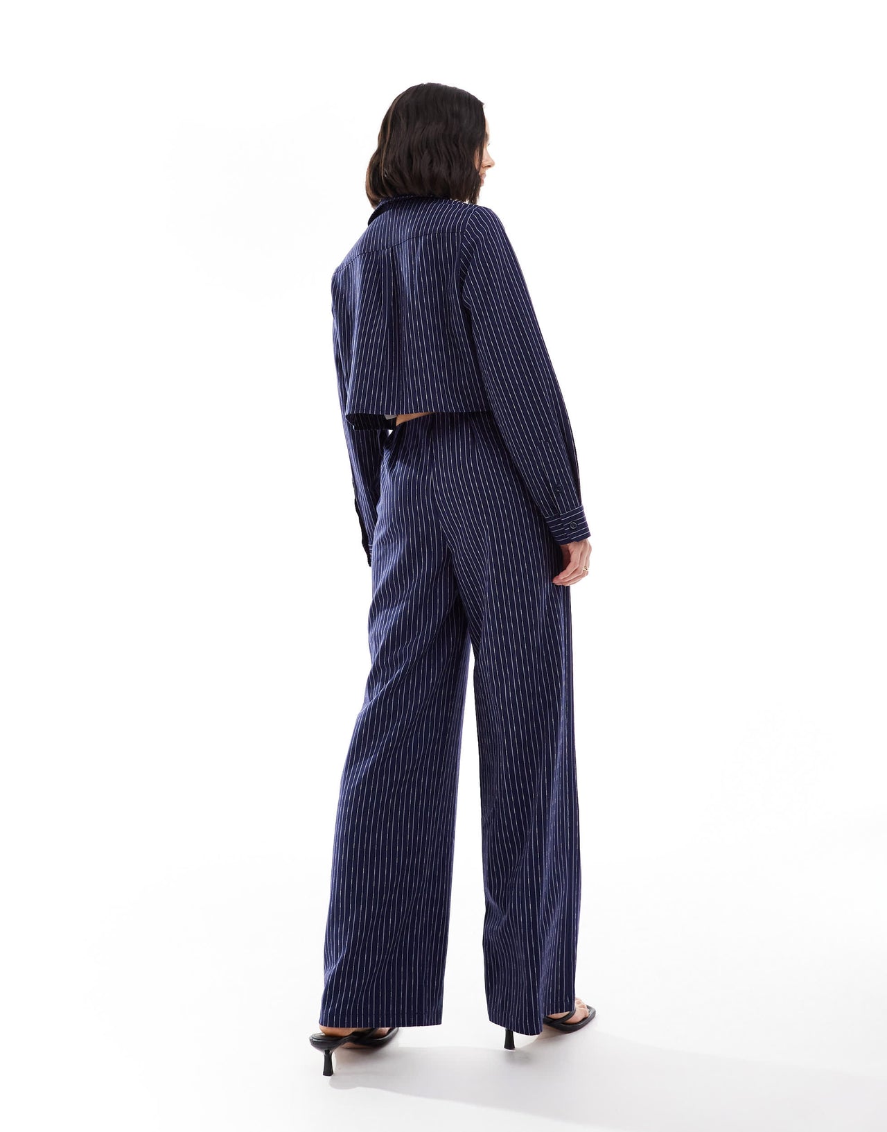 Extro & Vert highwaisted wide leg tailored trouser in navy pinstripe co-ord