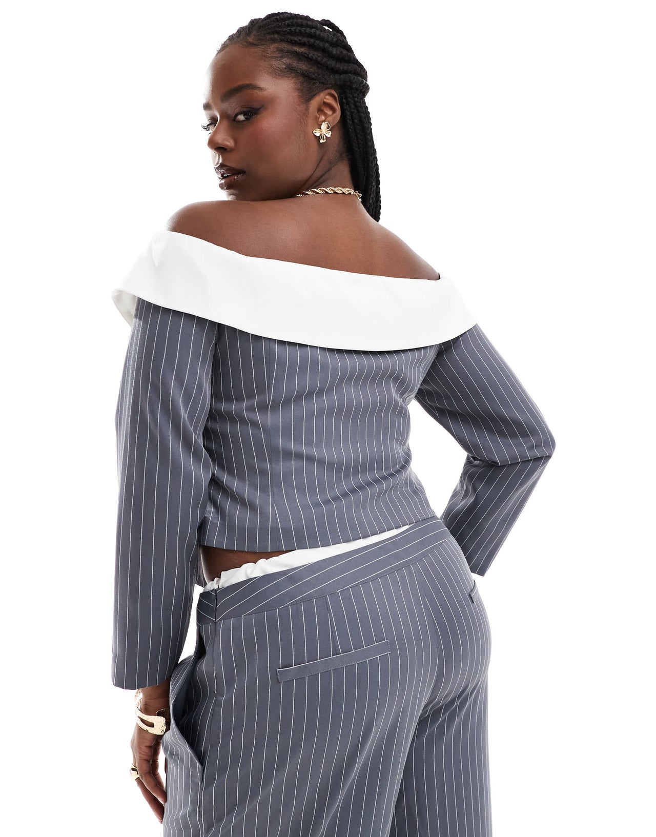 Extro & Vert Plus corset bandeau blazer top in petrol blue stripe co-ord