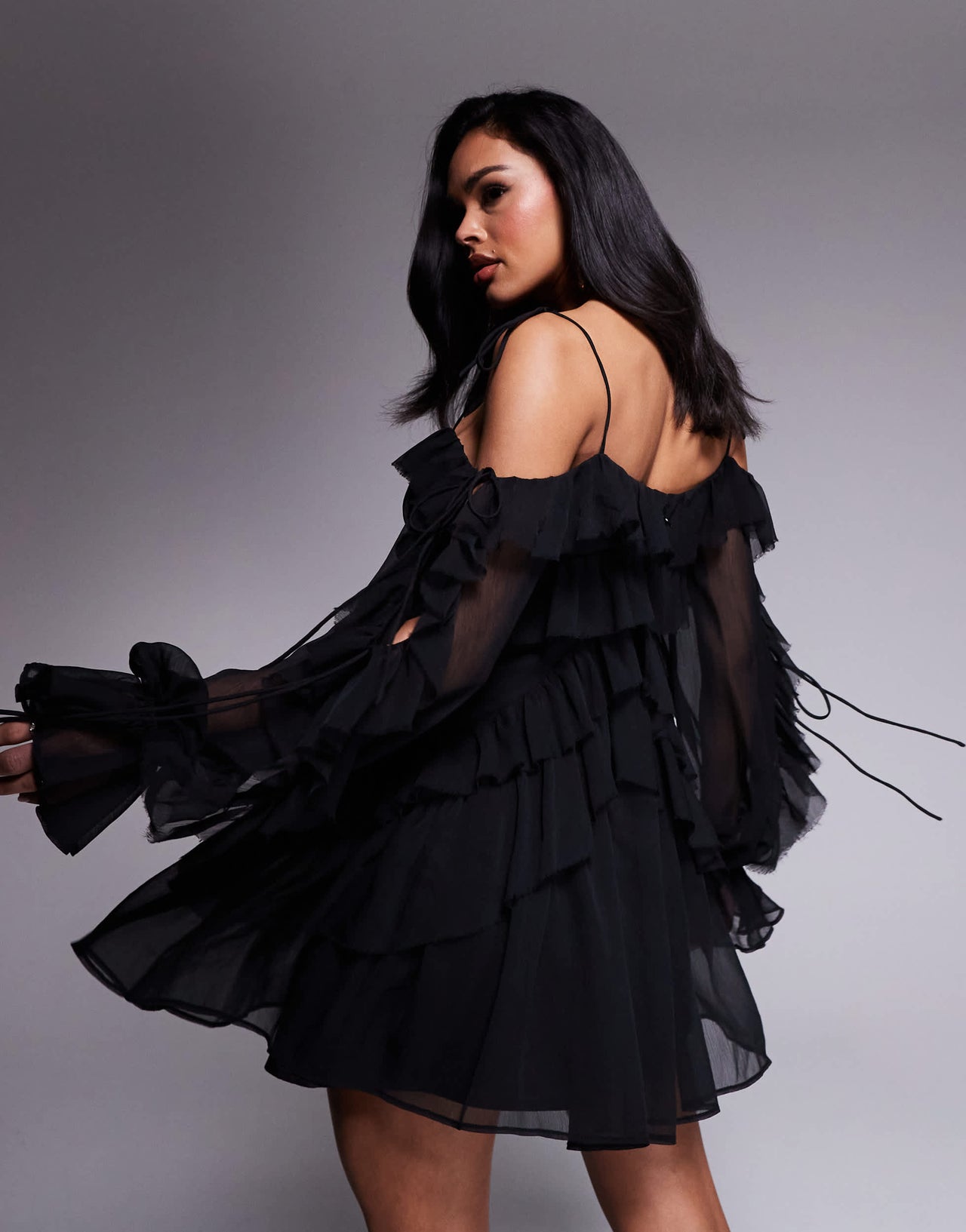 ASOS DESIGN ruffle off shoulder tiered mini dress in black