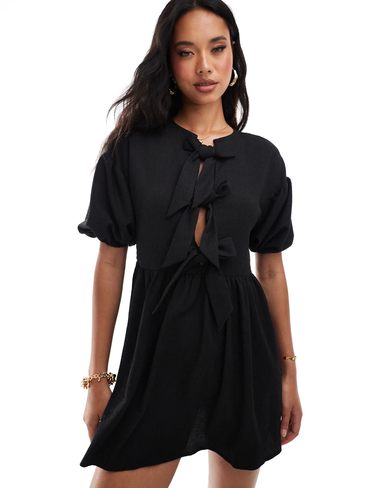 ASOS DESIGN puff sleeve tie front mini dress in black