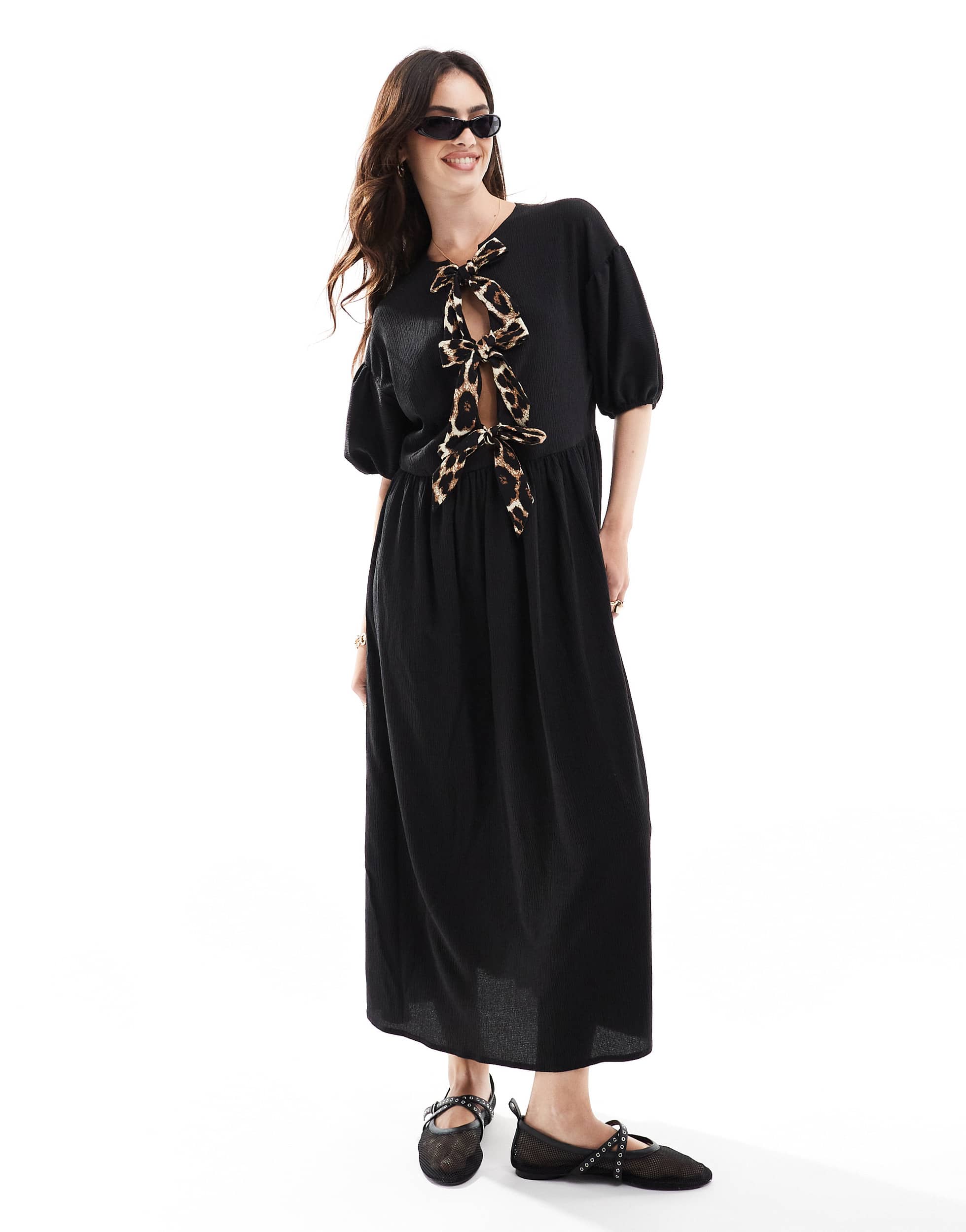 ASOS DESIGN puff sleeve tie front maxi dress in black