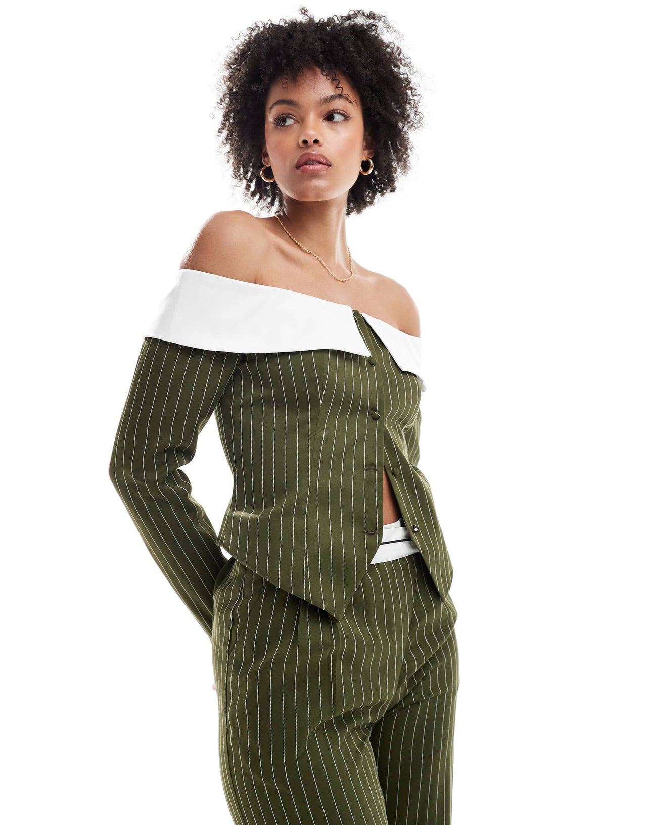 Extro & Vert Tall corset bandeau blazer top in khaki stripe co-ord