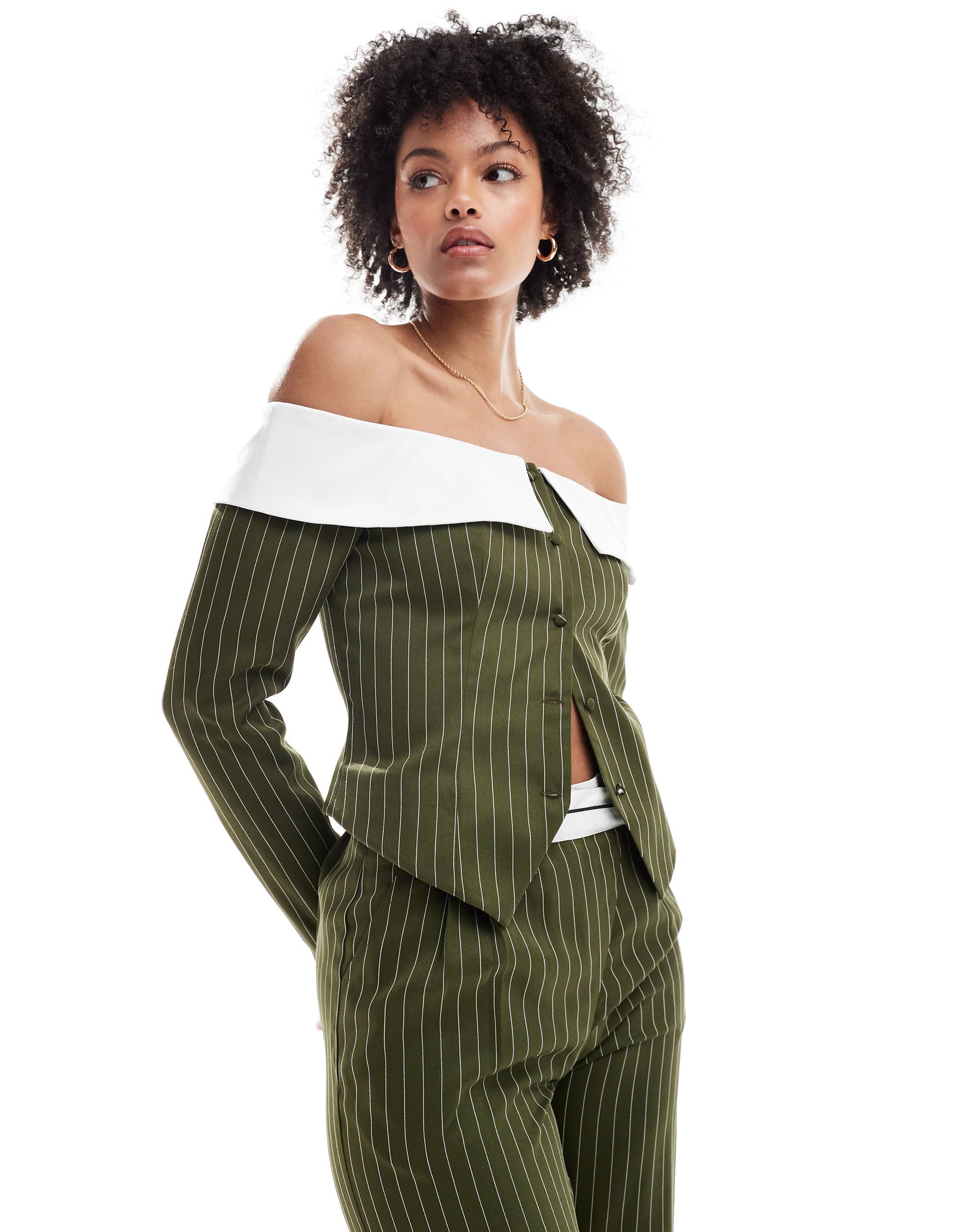 Extro & Vert Tall corset bandeau blazer top in khaki stripe co-ord