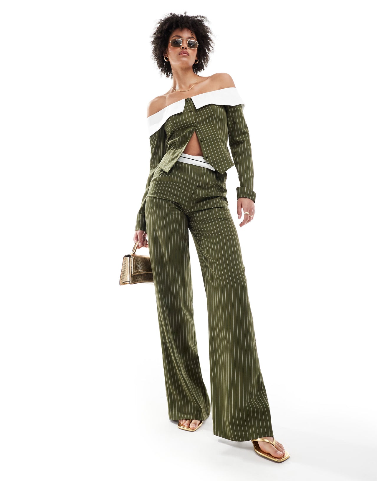 Extro & Vert Tall corset bandeau blazer top in khaki stripe co-ord