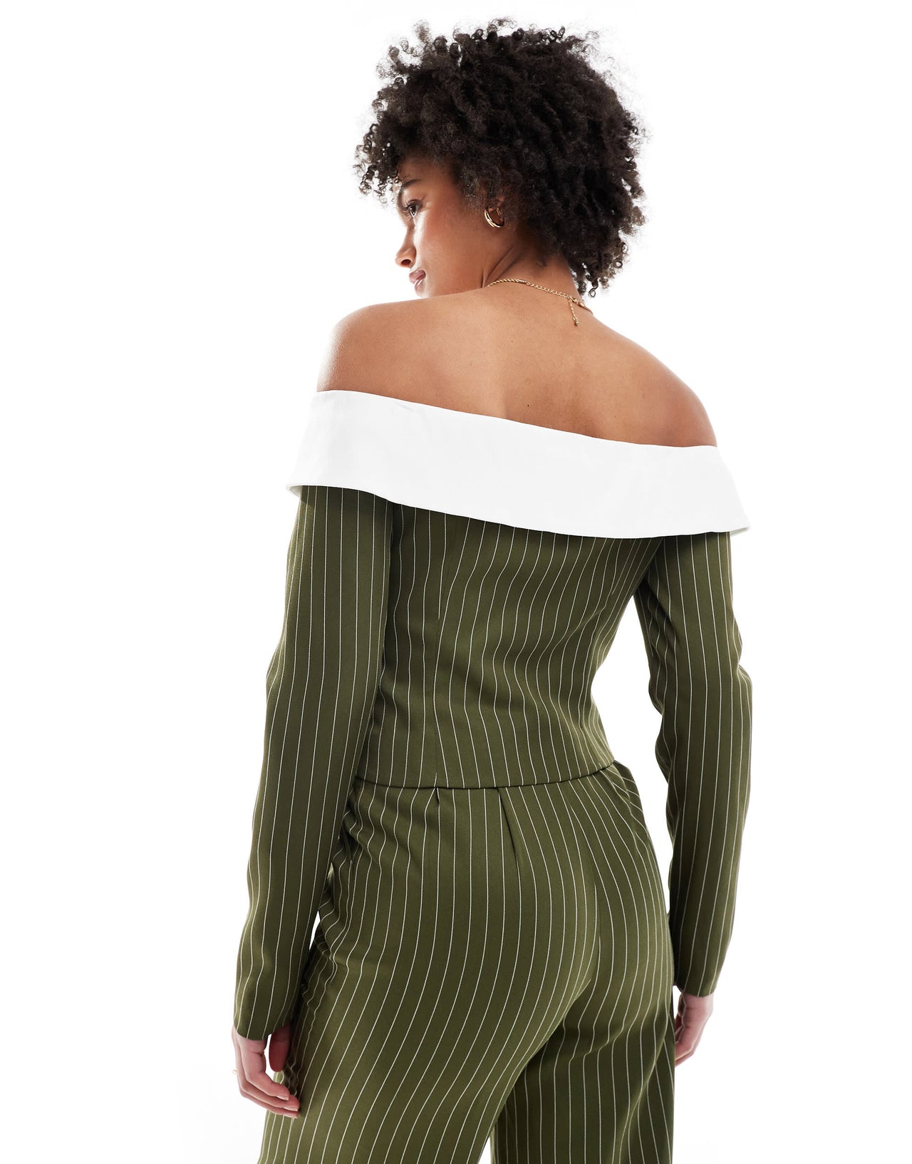 Extro & Vert Tall corset bandeau blazer top in khaki stripe co-ord