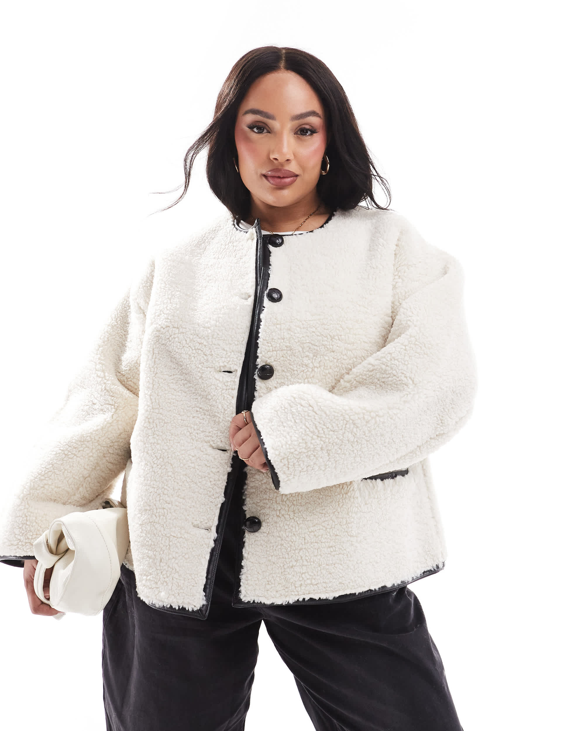 4th & Reckless Plus exclusive button detail faux shearling jacket in cream