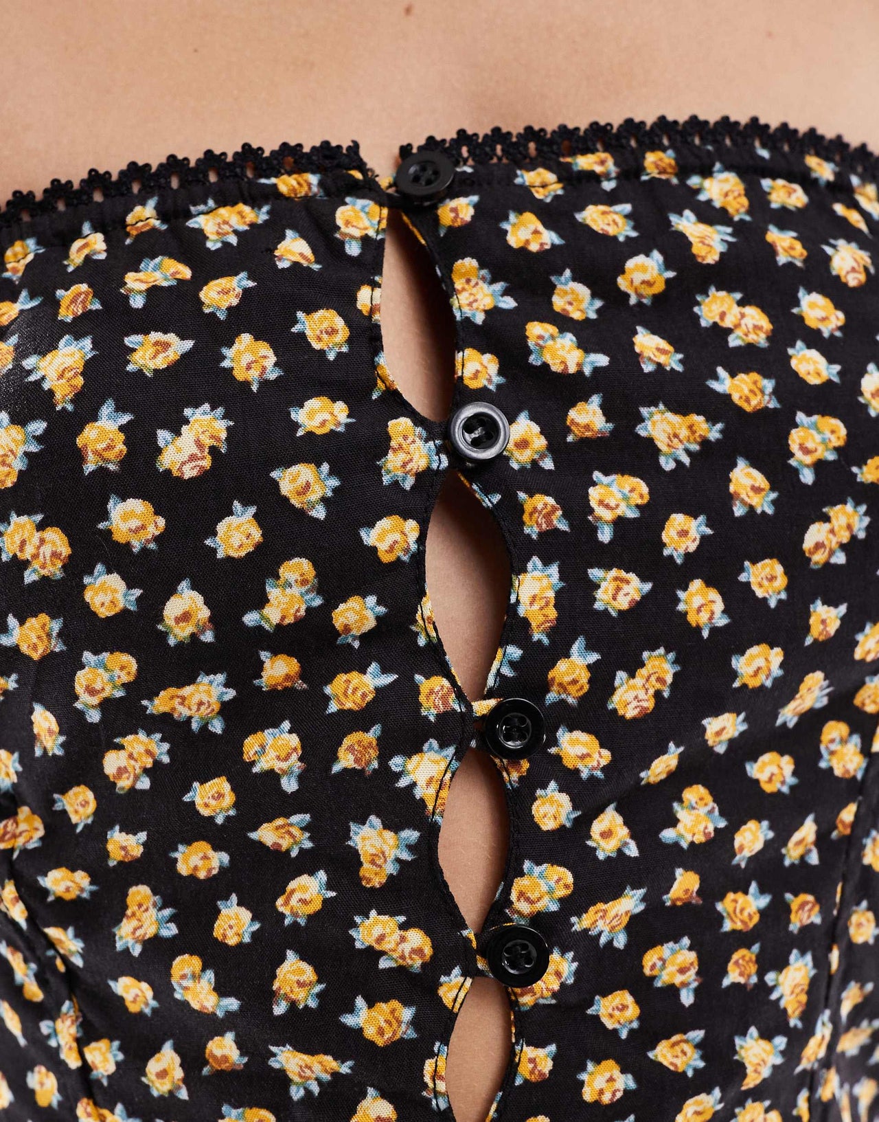 Motel Exclusive lacey floral print button through bandeau top in black