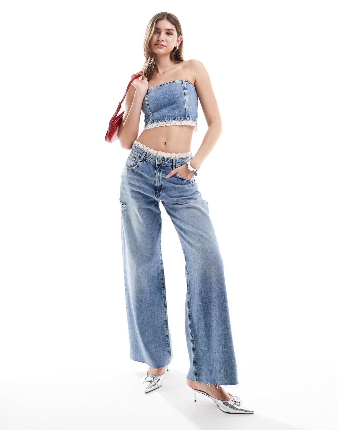 Pull&Bear denim corset with lace trim co-ord in medium blue