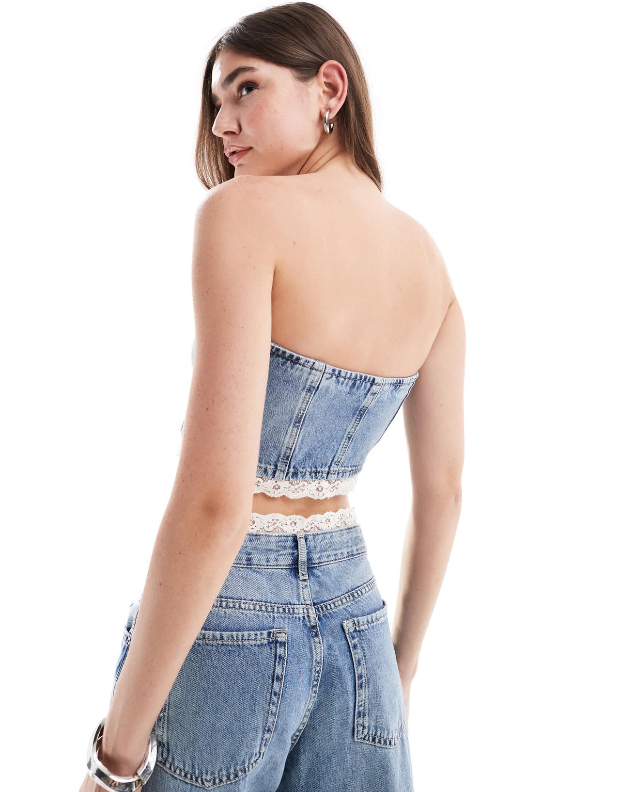 Pull&Bear denim corset with lace trim co-ord in medium blue