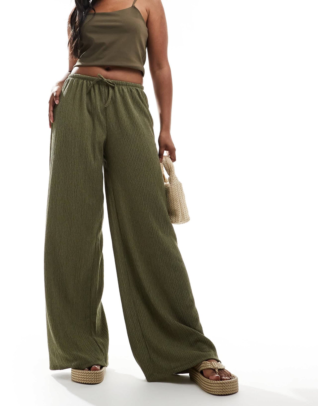 Pull&Bear textured wide leg trouser in khaki