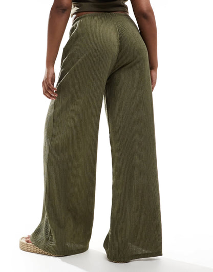 Pull&Bear textured wide leg trouser in khaki