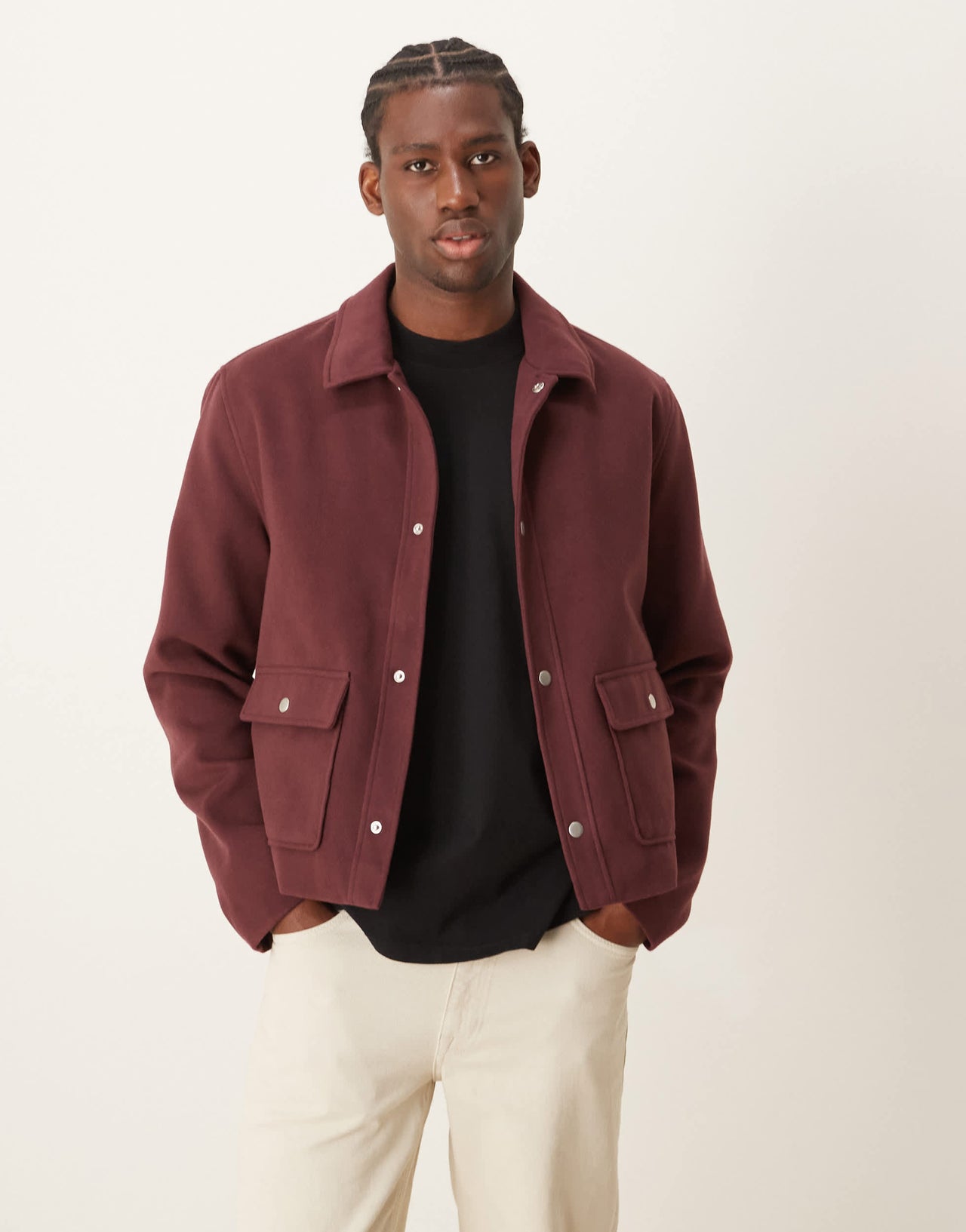 ASOS DESIGN wool look cropped harrington jacket in burgundy