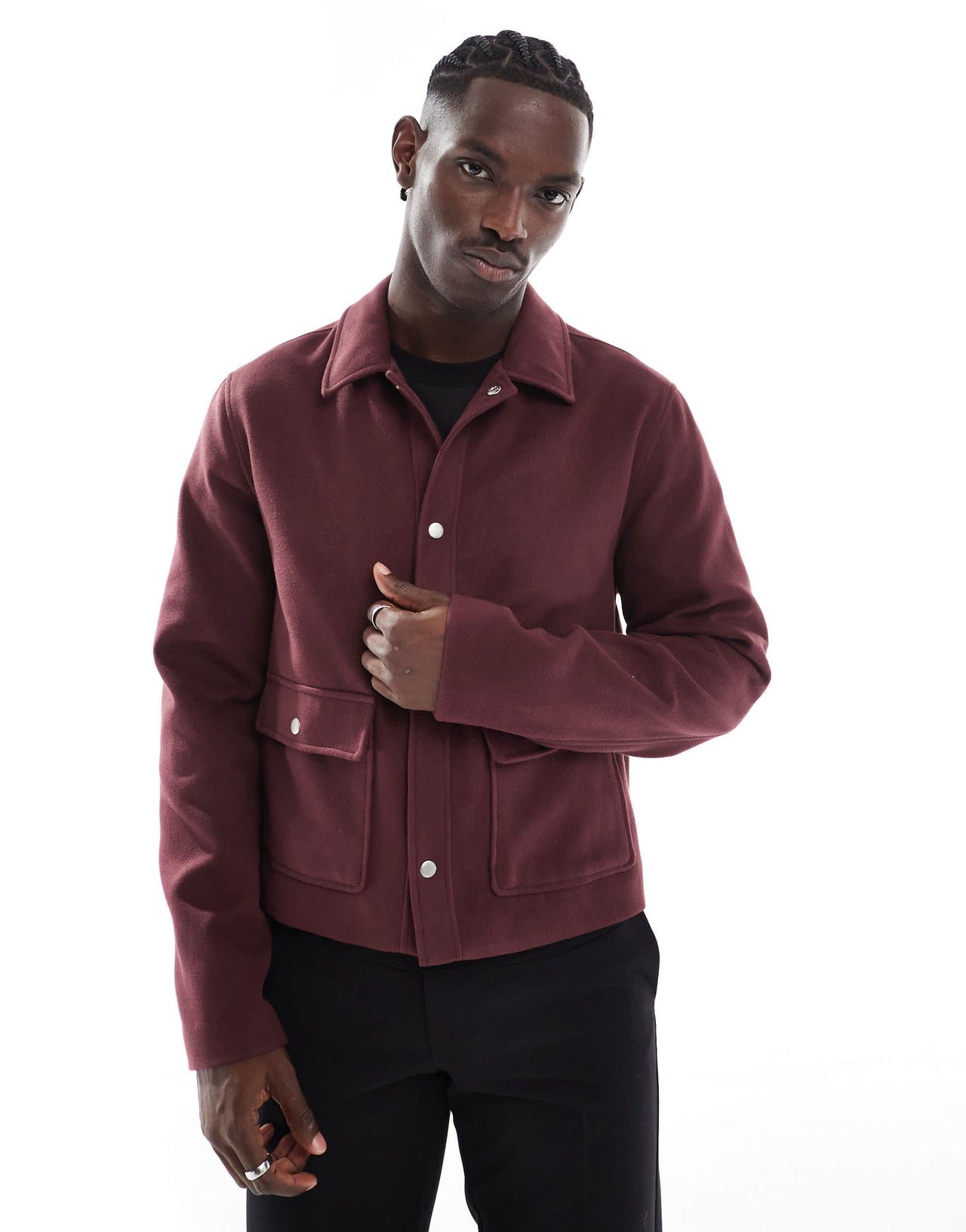 ASOS DESIGN wool look cropped harrington jacket in burgundy