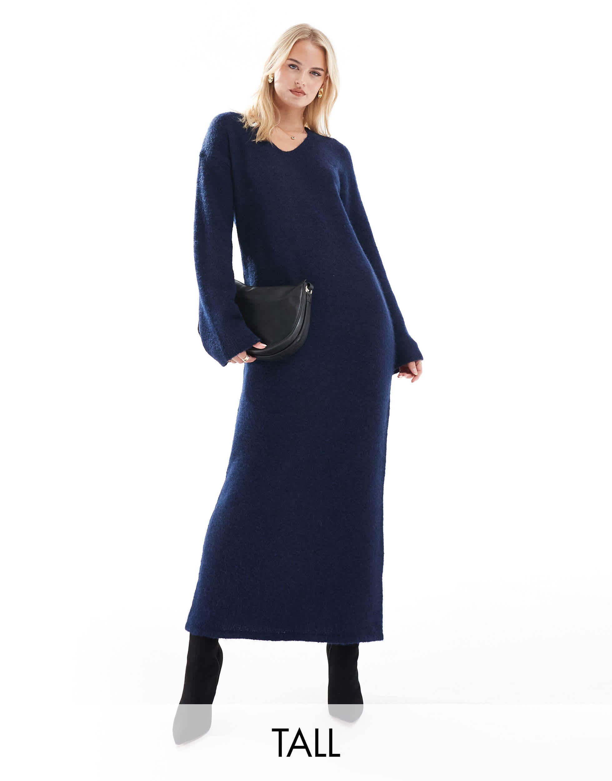 4th & Reckless Tall wool mix fluffy knit v neck maxi jumper dress in navy
