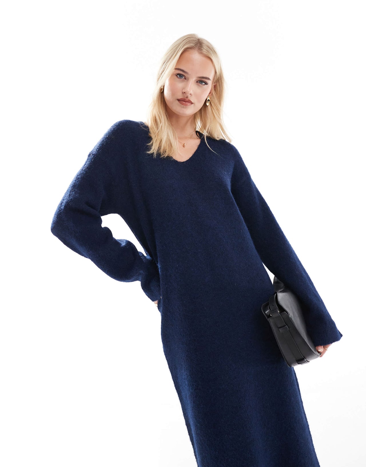 4th & Reckless Tall wool mix fluffy knit v neck maxi jumper dress in navy