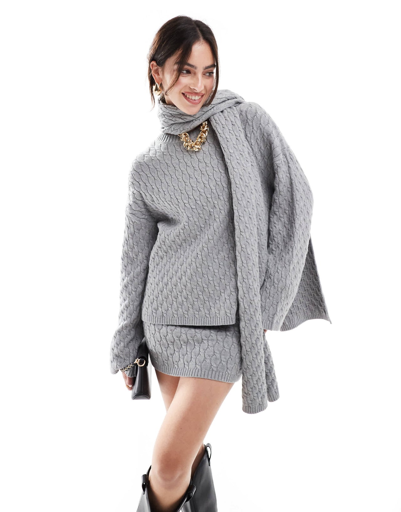 4th & Reckless cable knit jumper with scarf co-ord in grey