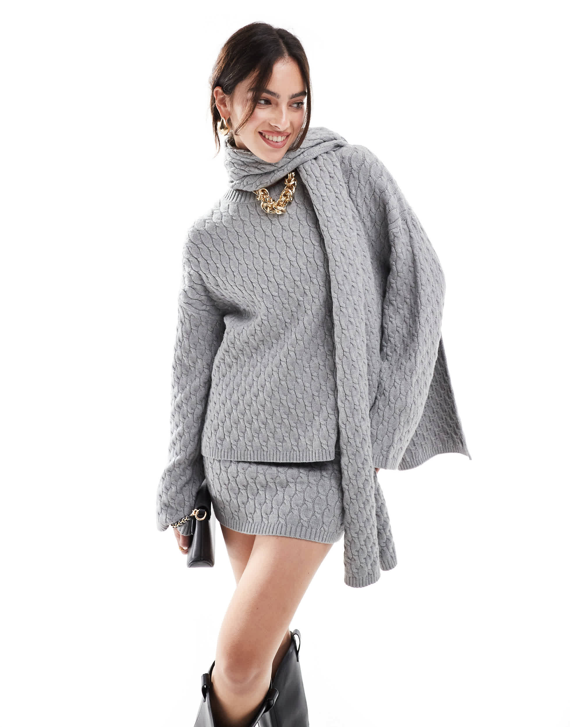 4th & Reckless cable knit jumper with scarf co-ord in grey