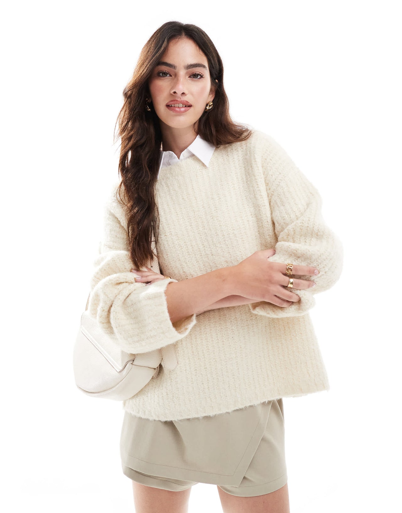 4th & Reckless wool mix textured rib wide sleeve jumper in cream