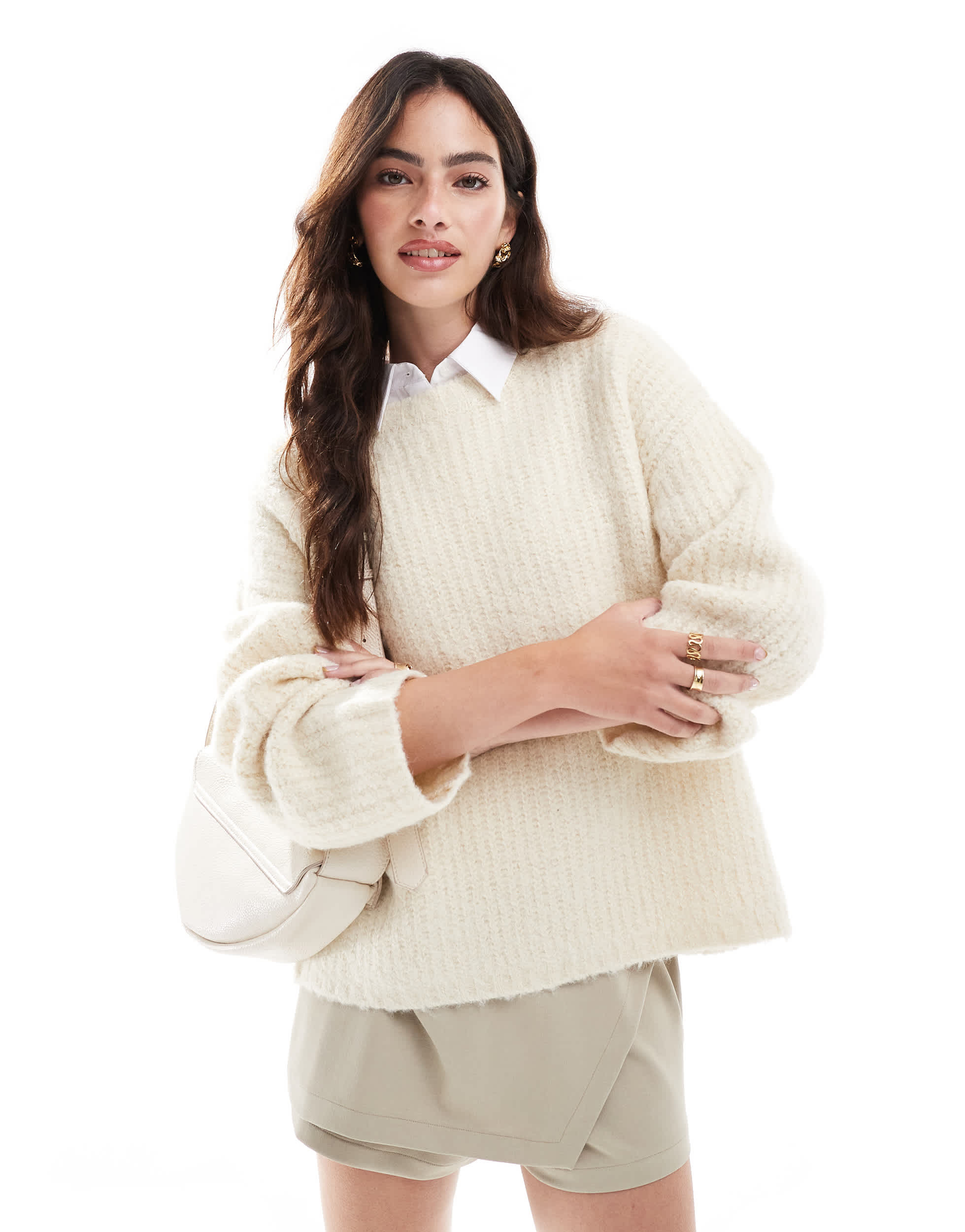 4th & Reckless wool mix textured rib wide sleeve jumper in cream