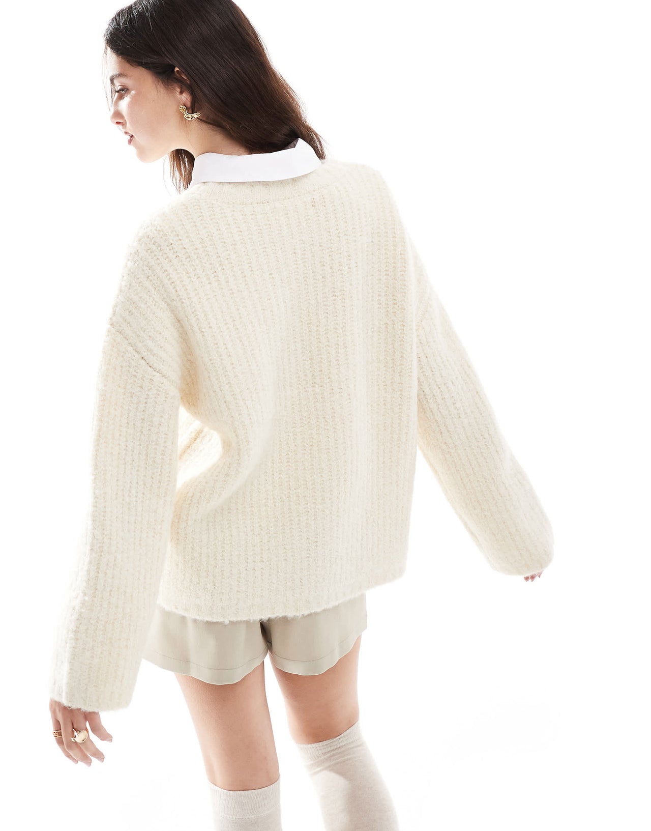 4th & Reckless wool mix textured rib wide sleeve jumper in cream