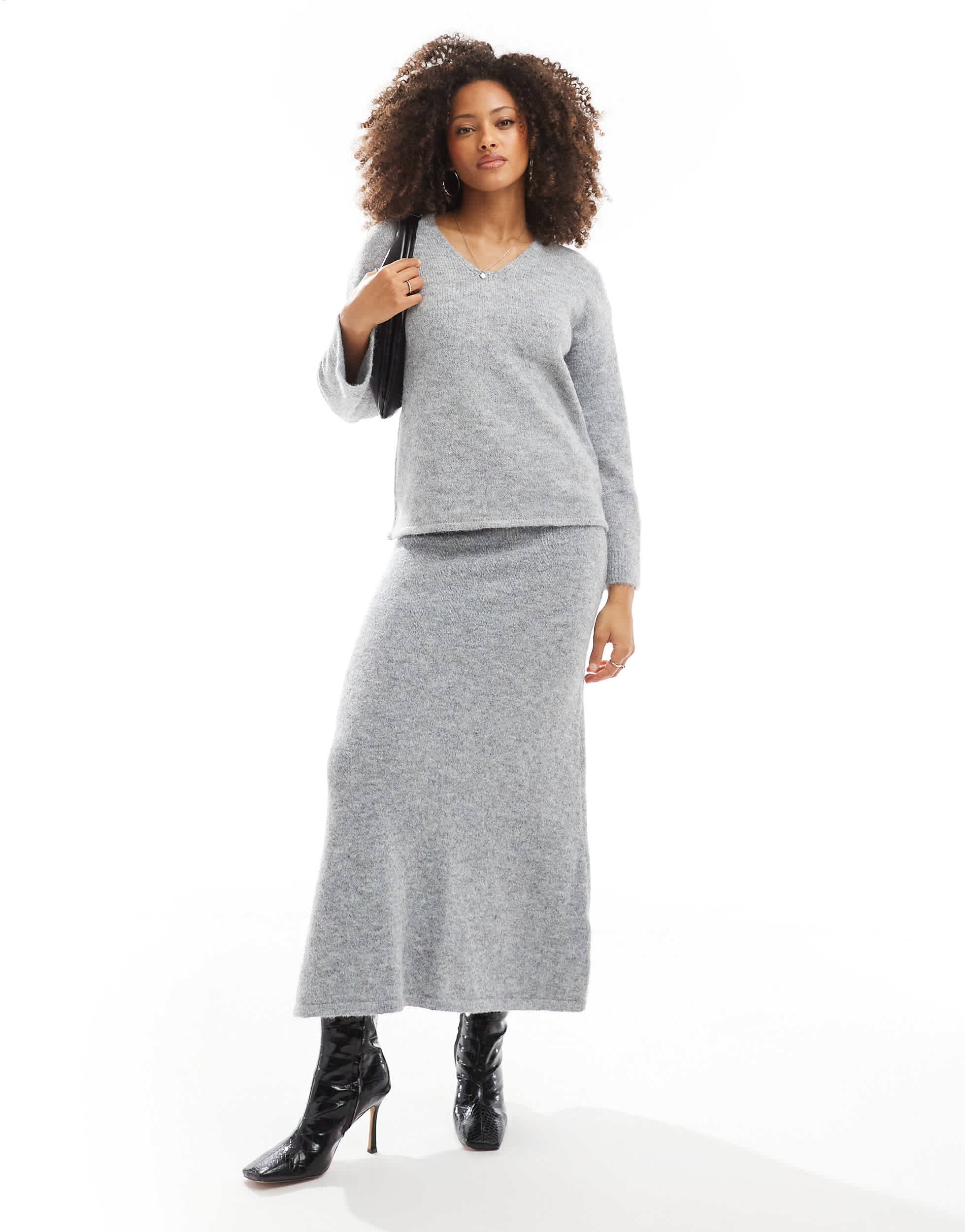 4th & Reckless fluffy wool mix knitted maxi skirt co-ord in grey
